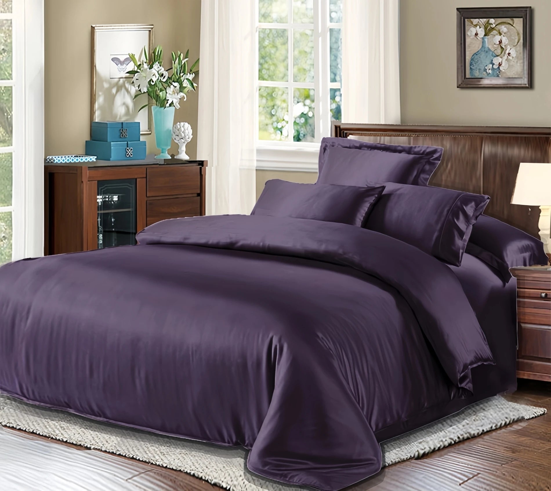 Bed Sheet Set,  22 Mm,  100% Mulberry Silk , Seamless,  Dark Blue  Silvery Colors, Fitted Sheet, Duvet Cover,All Size, Customize